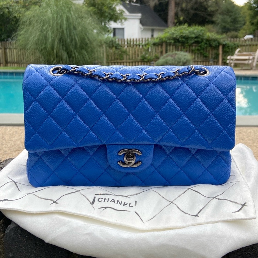 Authentic CHANEL Caviar Quilted Medium Double Flap in a stunning, vibrant blue
